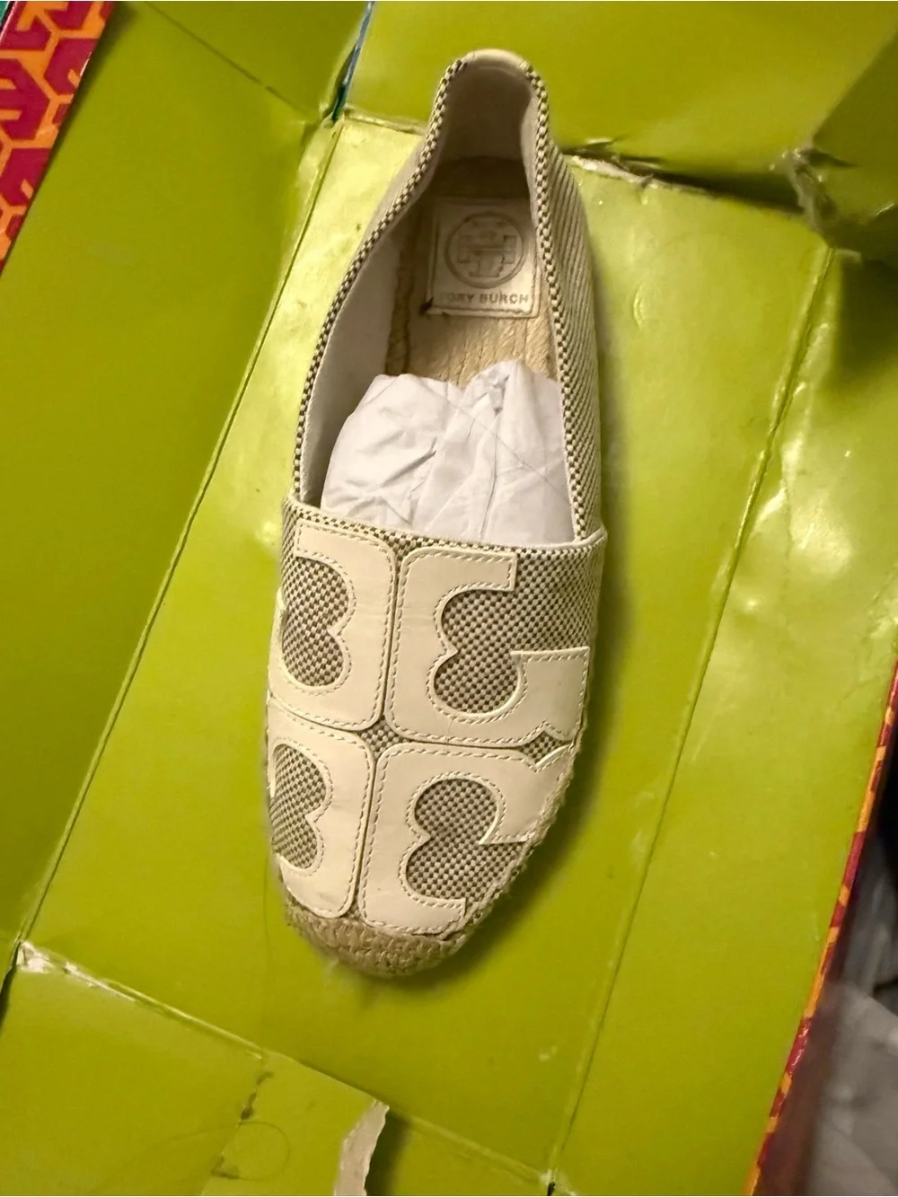 Tory Burch Cream Leather & Woven Espadrille Slip-Ons